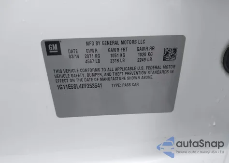 2014 Chevrolet Malibu 2Lt from USA, damaged, VIN 1G11E5SL4EF253541